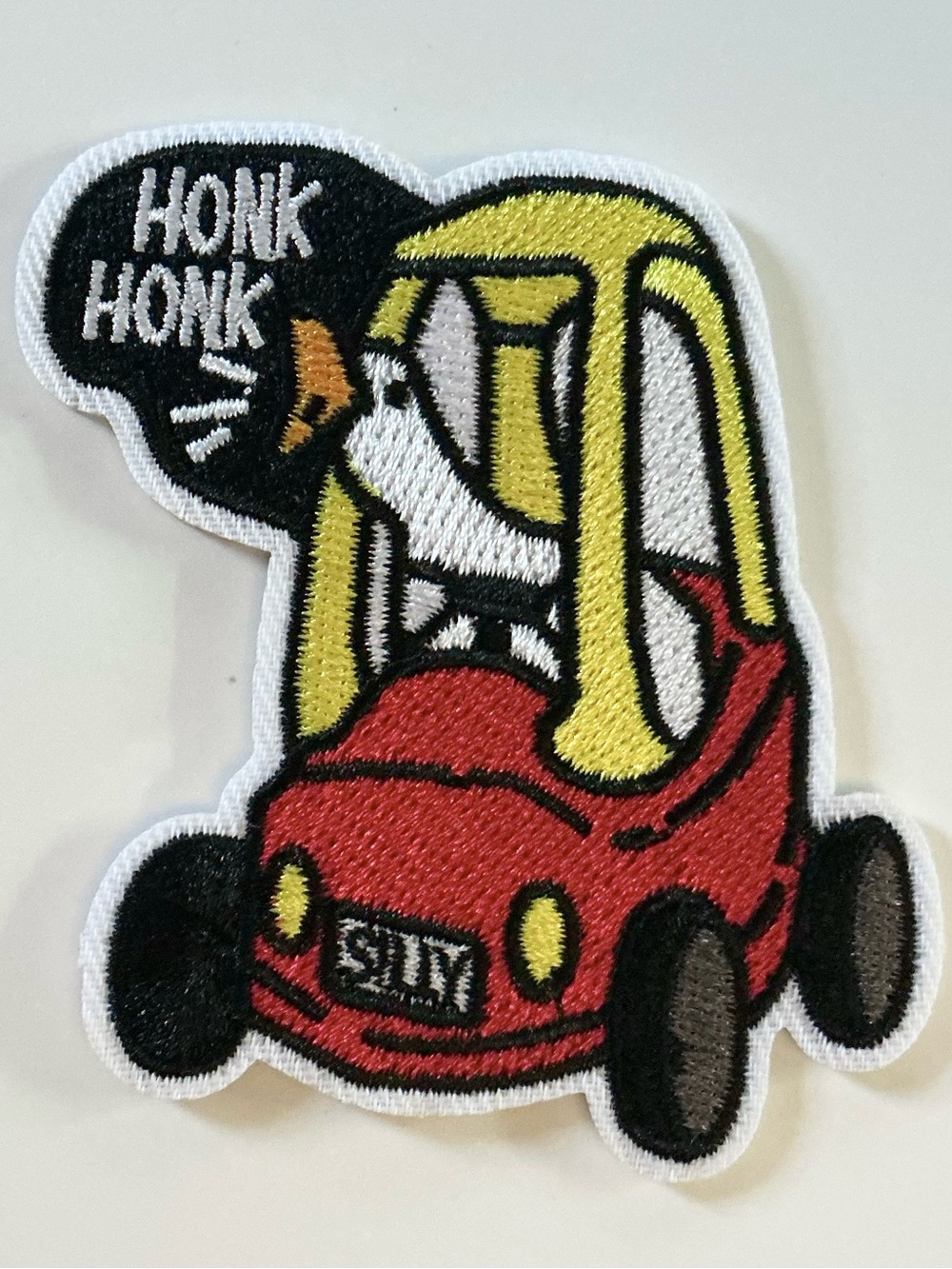 IRON OR SEW ON EMBROIDERED PATCH SILLY GOOSE IN A RED CAR HONK HONK